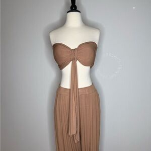 🤎Brown Two-Piece Set- Strapless Tie-Front Top & Flowy pants